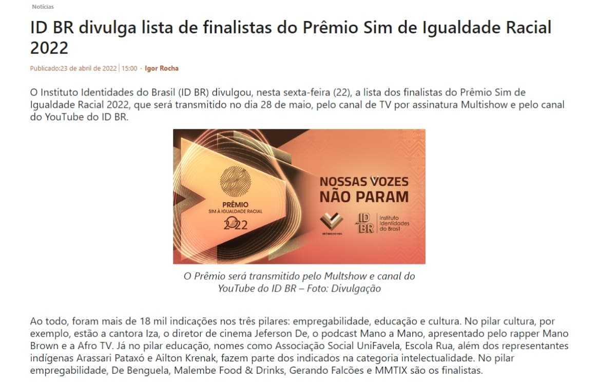 Noticia Preta, ID BR divulga lista de finalistas do Prêmio Sim de Igualdade Racial 2022