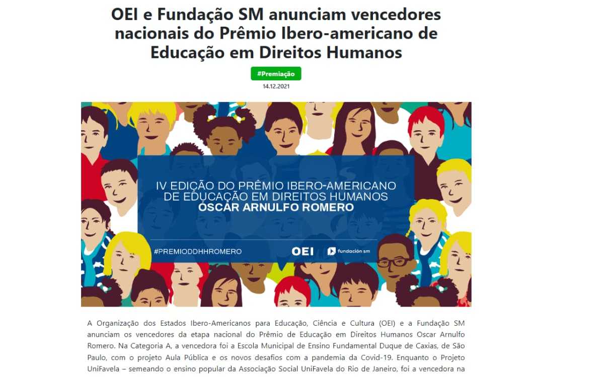 Noticia Fundação, OEI e Fundação SM anunciam vencedores nacionais do Prêmio Ibero-americano de Educação em Direitos Humanos