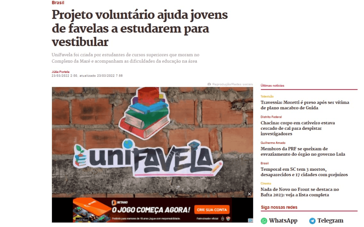Noticia Metropoles, Projeto voluntário ajuda jovens de favelas a estudarem para vestibular