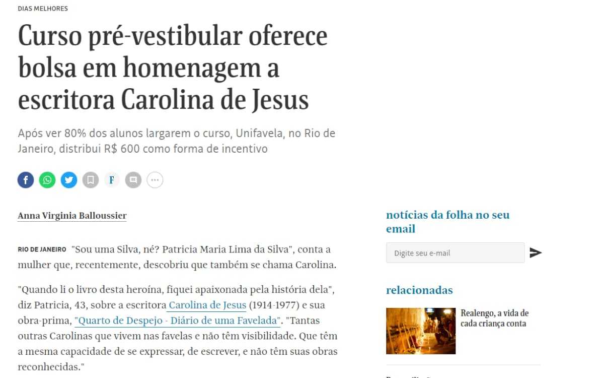 Noticia Folha de São Paulo, Curso pré-vestibular oferece bolsa em homenagem a escritora Carolina de Jesus