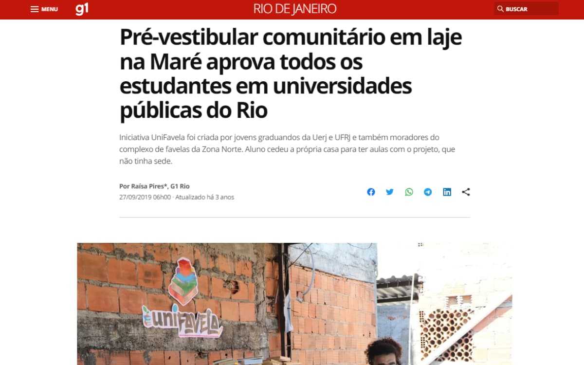 Noticia G1, Pré-vestibular comunitário em laje na Maré aprova todos os estudantes em universidades públicas do Rio