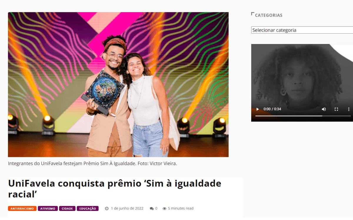 Noticia Maré Online, UniFavela conquista prêmio ‘Sim à igualdade racial’