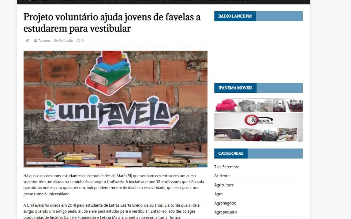 Noticia Lance Goias, Projeto voluntário ajuda jovens de favelas a estudarem para vestibular